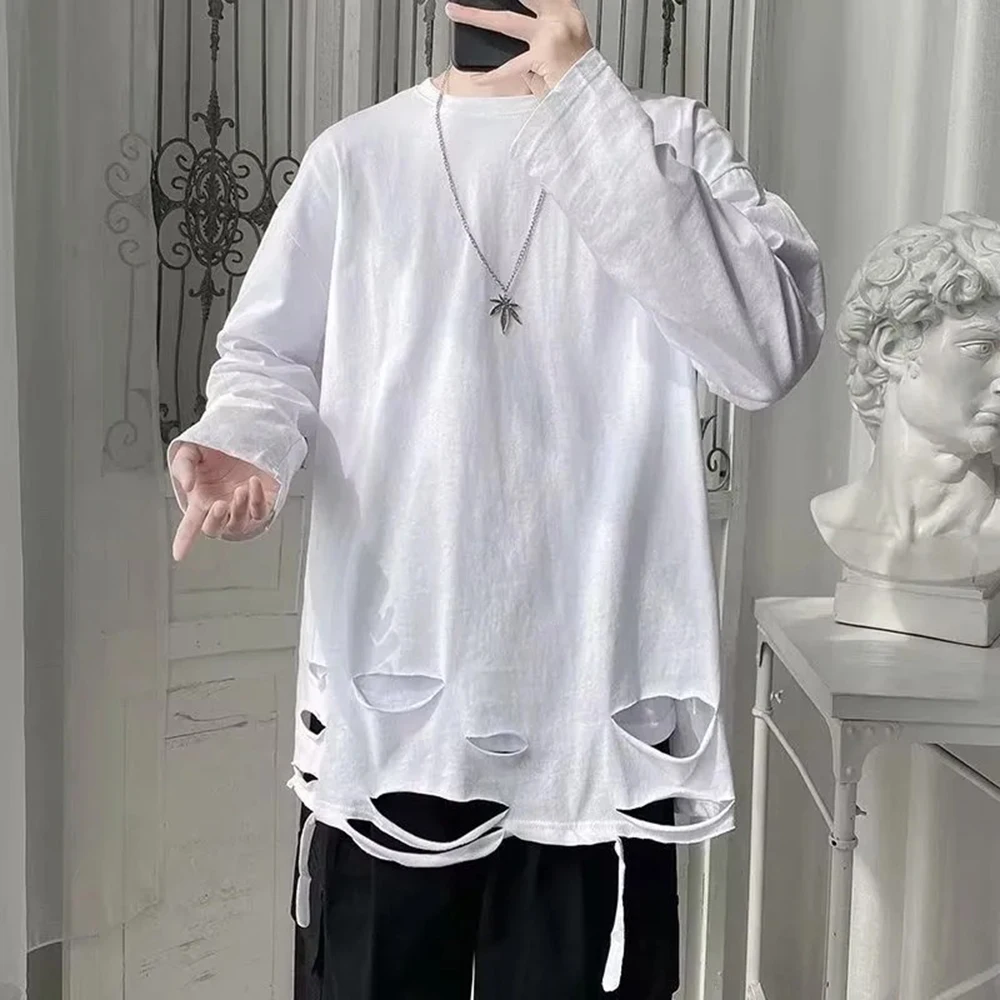 

Fashion Hem Hole White T-Shirt Mens Long Sleeve Autumn New Loose Trend Casual Inner Wear Solid Color Bottoming Shirt For Men