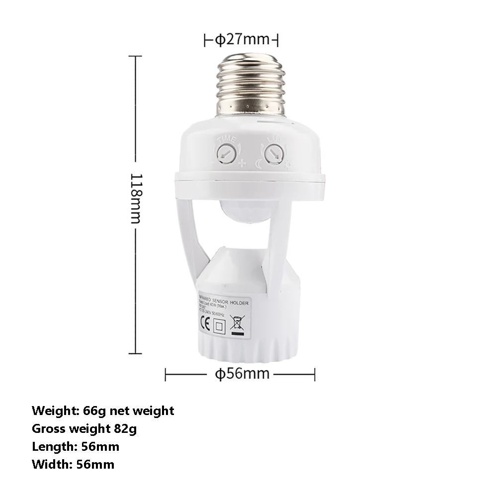 Soket sekrup AC100-240V E27 dengan Sensor PIR lampu pintar 10s-5 menit penundaan dapat disesuaikan 3-2000Lux dapat disesuaikan fotosensitif