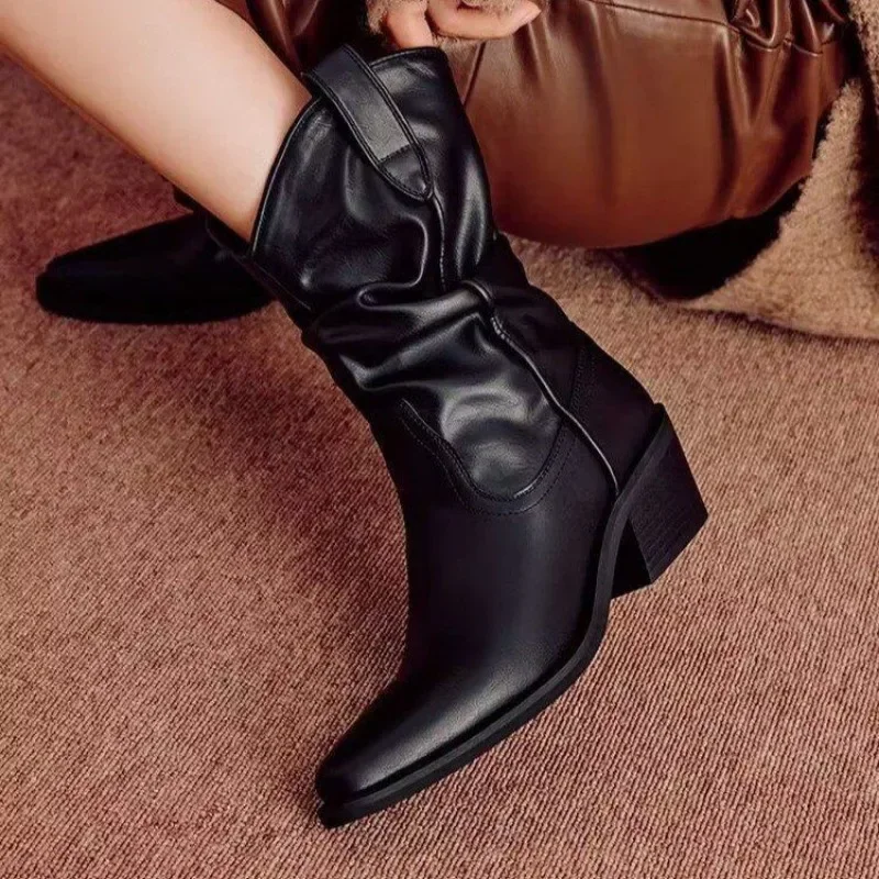 Botas vaqueras occidentales para mujer, zapatos de media pantorrilla de cuero PU con volantes, tacón grueso y Punta puntiaguda, Retro, Otoño e Invierno