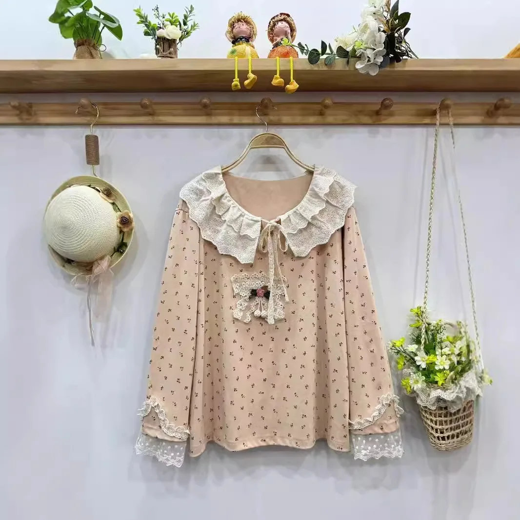 Autumn New Sweet Double-layer Floral T Shirt Tops Women Long Sleeve Basic Tops 824-793