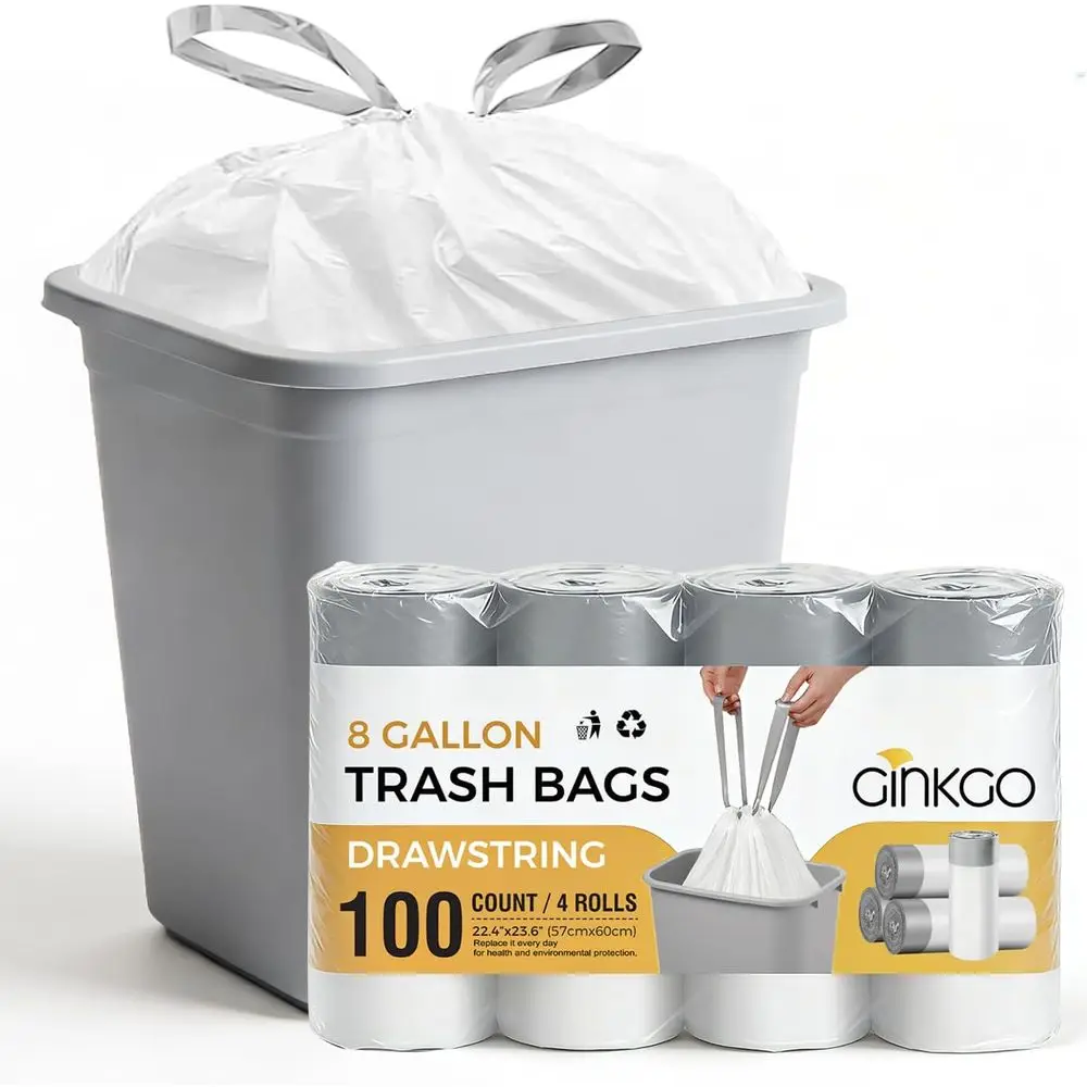 

8 Gallon Drawstring Trash Bags, 30L Leak-Proof Bathroom Wastebasket Liners, 100-Pack Office & Bedroom Cans