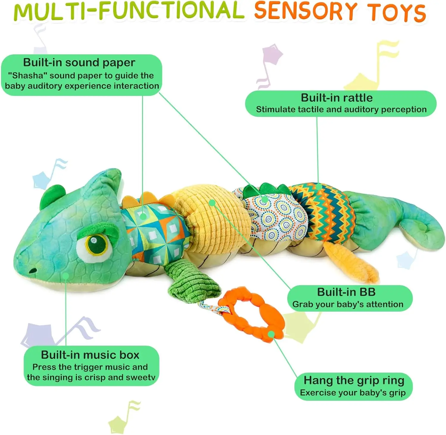 Baby Musical Stuffed Animal lizard Activity Soft Toys Multi-Sensory Crinkle Rattle and Textures Cute lizard Toys