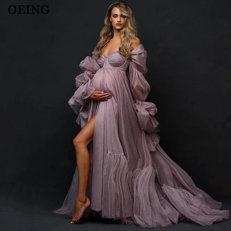 

OEING Pueple A-Line Maternity Dress Off The Shoulder Gowns Simple Floor-Length Soft Tulle Maternity Gowns 2025 Customized