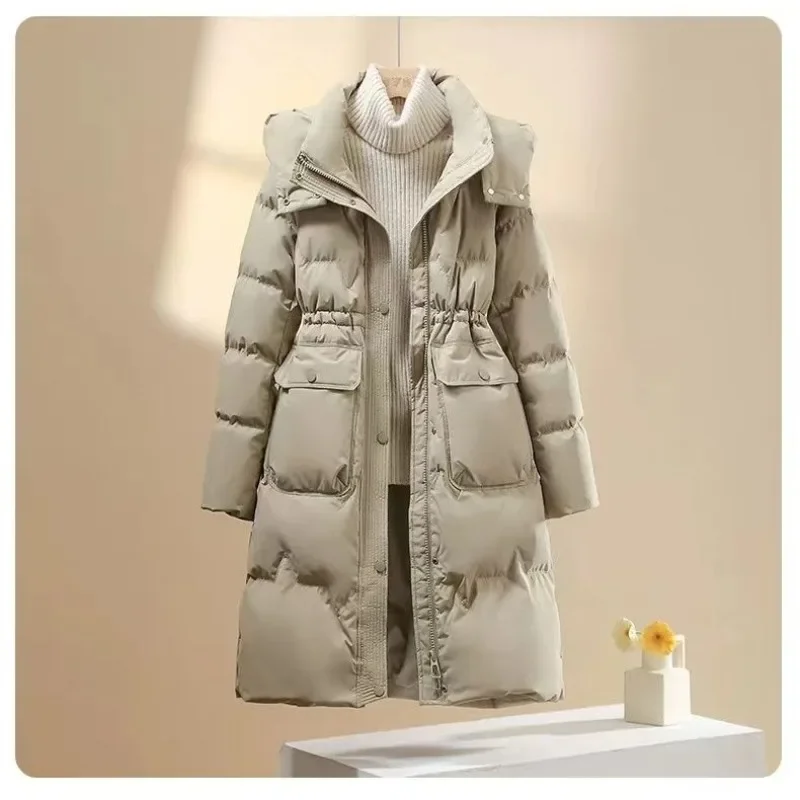 New Style Wintertime Intensification Coat Waist in Portability Cotton-padded Clothes Warm Women's Dress MIDI Style Large Size