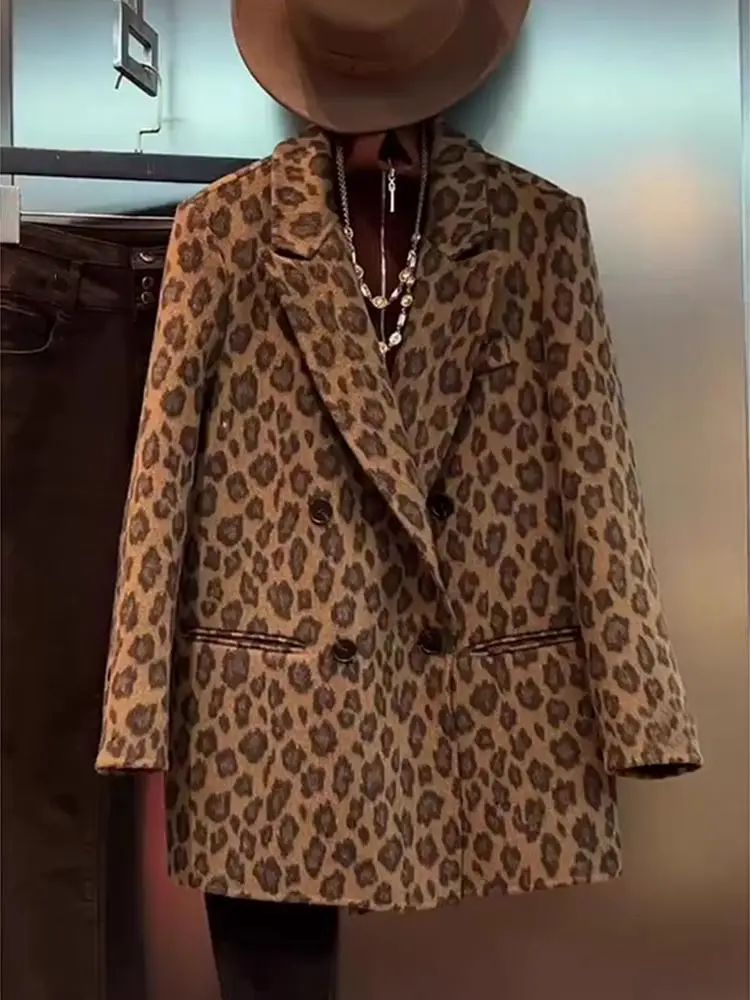 

High-end Vintage Leopard Print Blazer for Women Autumn New Fashionable Breasted Doubled Loose Casual Suit Jacket Women Clothing