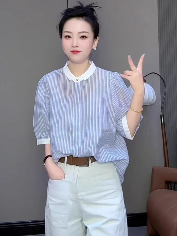 

Новинка: Женская летняя блузка Ele Blue в полоску, приталенная, корейский стиль, на пуговицах, из шифона, с воротником, рукав 3/4