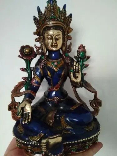 Tibetan Buddhist Handcrafted Bronze Cloisonne Green TaRa Kwan-yin Buddha Statue