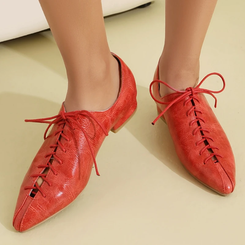 

Casual Women's Flats Loafer Shoes PU Black Red Apricot Comfortable Lace-up Flat Shoes for Women Autumn Footwear Large Size 45