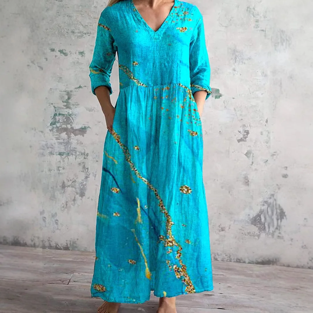 

Women Dresses Long Sleeve Dress Print V Neck Spliced Vestidos Ankle Length Dress Pockets Loose Fit Slight Strech 2025 Casual