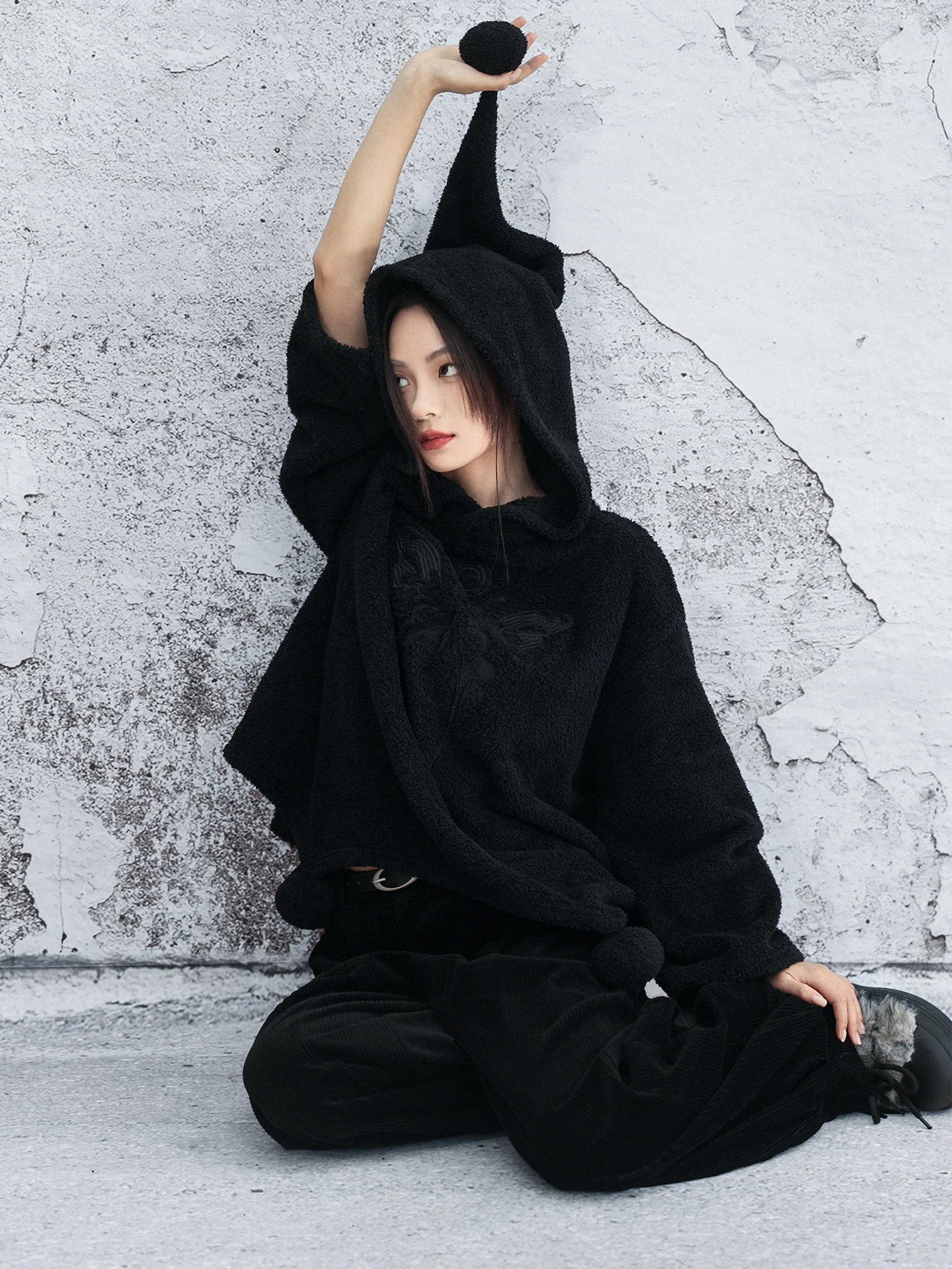 

Double-Sided Fleece Hoodie Sweatshirt Embroidered Cowl Neck Long Sleeve Thickened Black Top for Women Autumn Winter Fashion