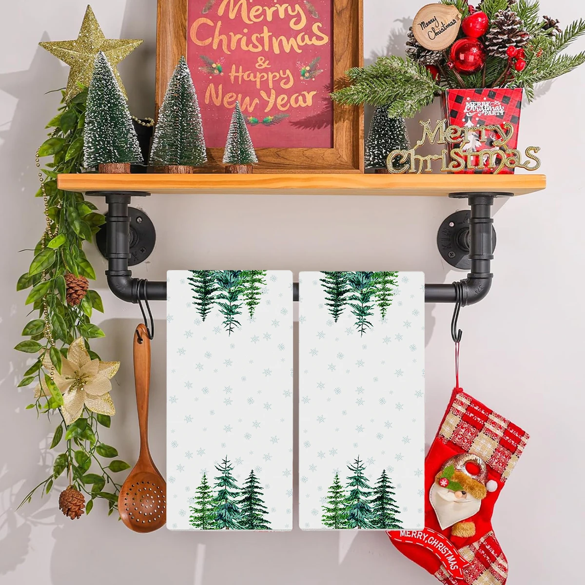 Christmas Tree Kitchen DishTowels Green Buffalo Plaid Xmas Tree Dish Towels Drying Cleaning Cloth Farmhouse Home Noel Decor