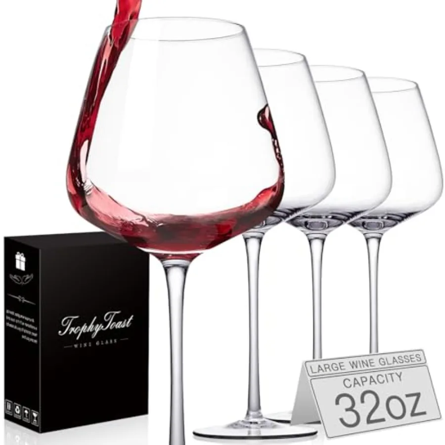

Extra Large 32oz Wine Glasses Set of 4 - Hand Blown Red Wine Glasses With Long Stem - Crystal Giant Burgundy Red Wine Glasses C