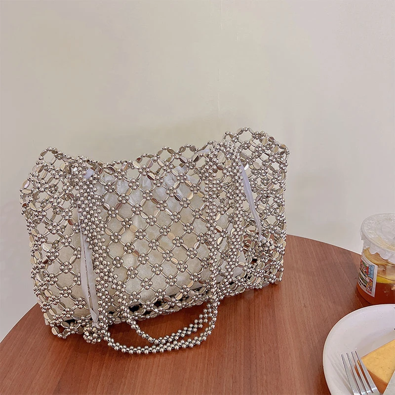 Tote feito sob encomenda da axila do tote do saco de compras de sequin da pérola da mão-tecida brilhante de prata metálica com bolso interior