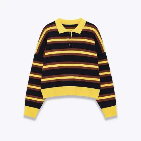 2025 Winter New Women's Casual Fashion Simple Button-Down Sweater Long Sleeve Striped Polo Shirt Collar Knitwear