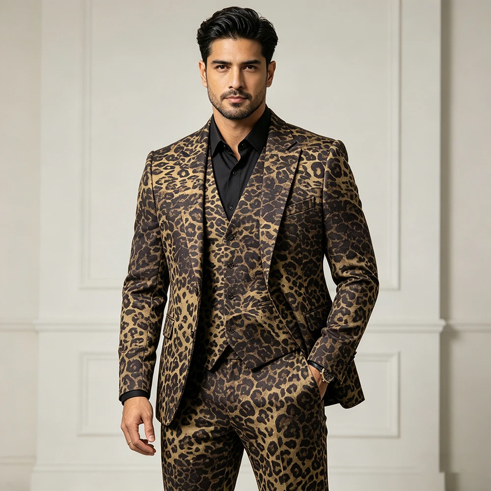 Leopard Print Men's Suits Fashion Slim Fit 3 Piece Jacket Pants Vest Full Sets Customized Single Breasted Notch Lapel Blazer
