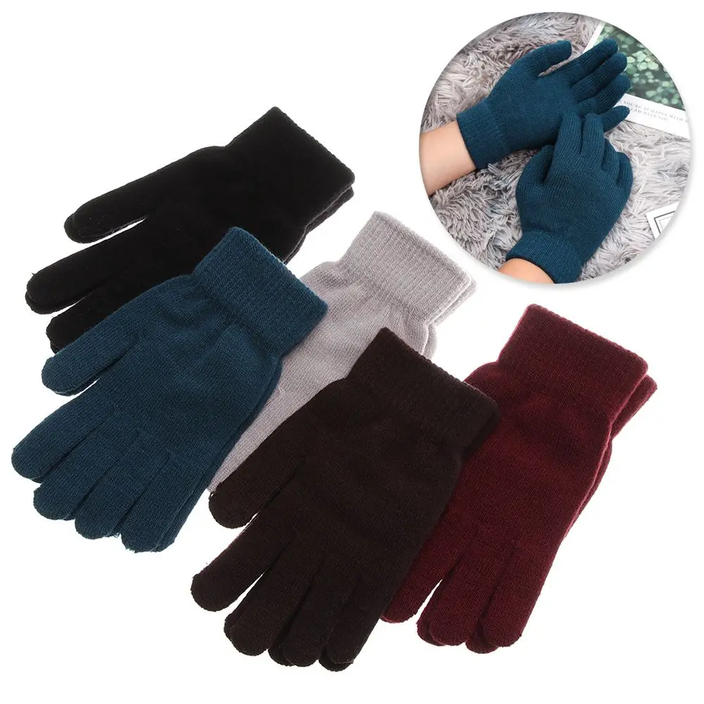 Unisex Winter Ribbed Knitted Full Fingered Gloves Basic Thicken Plush Lining Mittens Magic Thermal Wrist Warmer Women Men