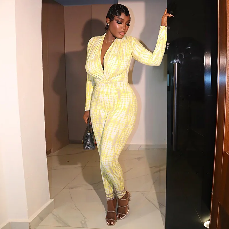 

Women Fashion Printed Skinny Jumpsuits Pleated V Neck Long Sleeve Booty Lifting Slim Casual Streetwear Overalls Party Rompers