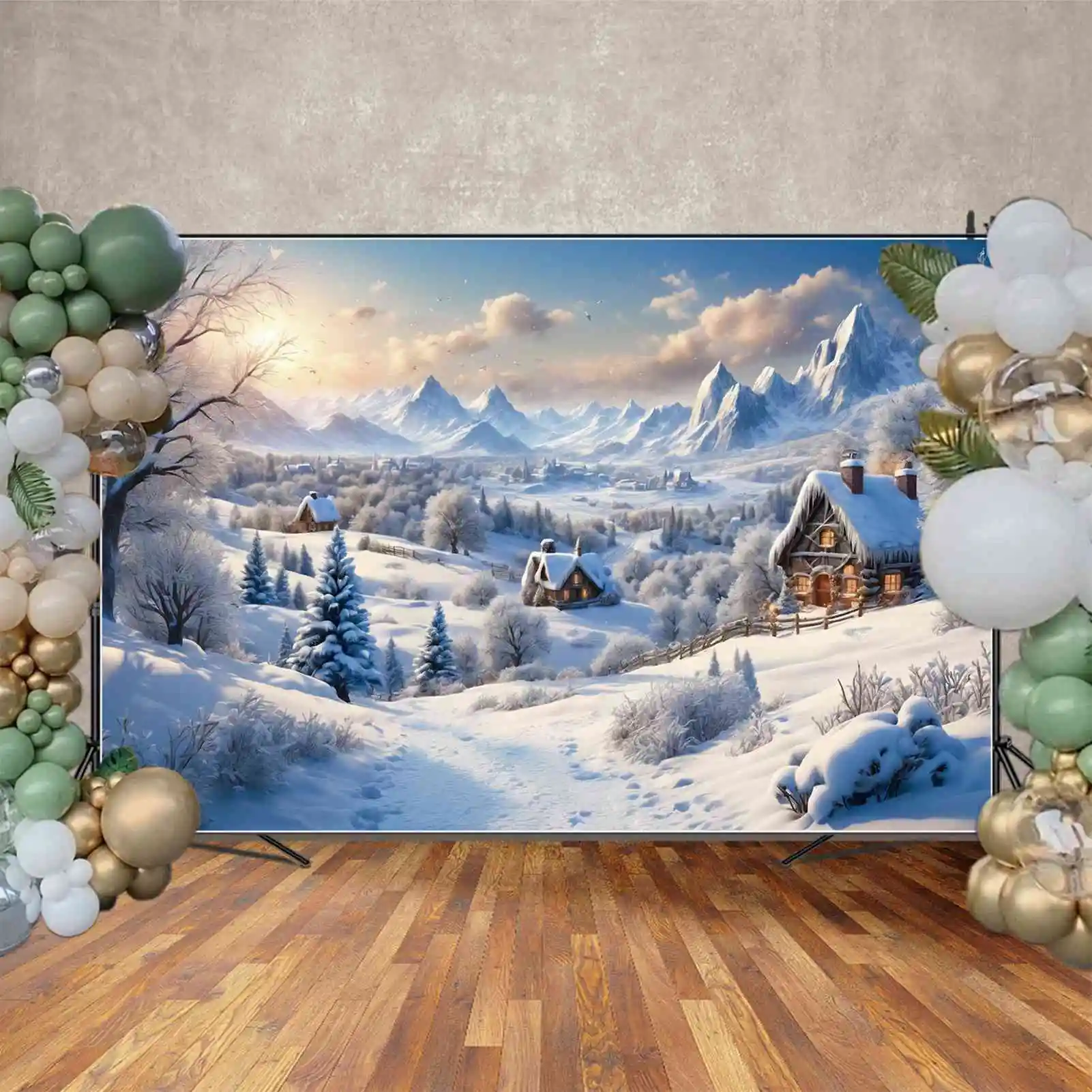 MOON.QG Backdrop Christmas Village Decorations Backgrounds for Photography Snow Winter Mountain Forest Home Hut Shooting Props