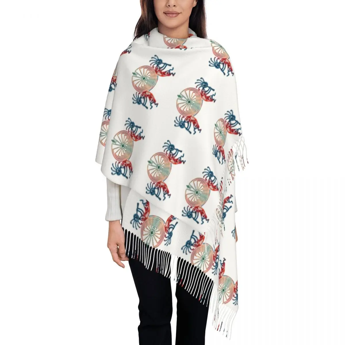 Custom African Tribal Native American Kokopelli Scarf Wrap Women Long Winter Warm Tassel Shawl Unisex Scarves