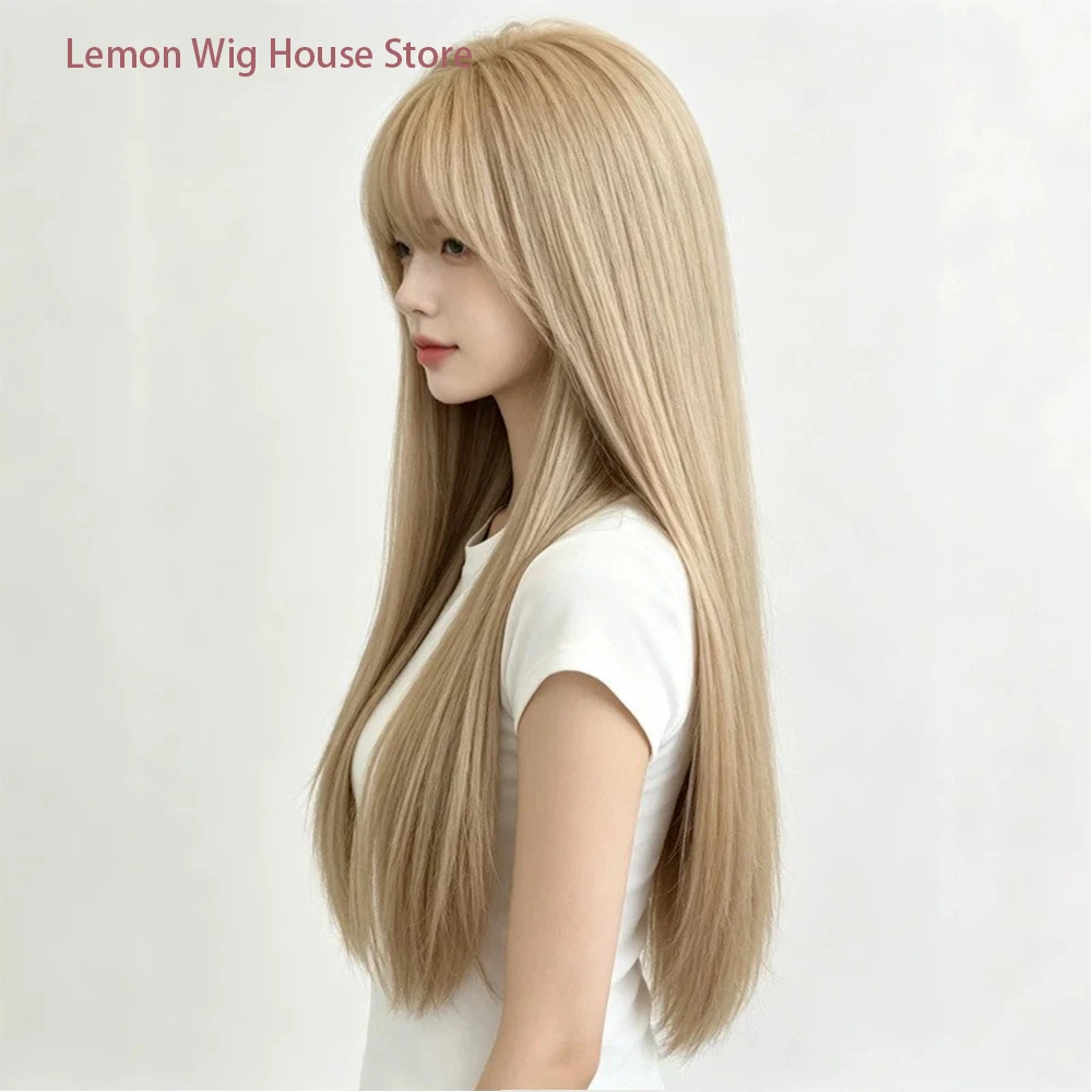 Picture 6: Long Straight Light Gold Wig with Bangs High-Layered Synthetic Wigs for Women's Daily Cosplay Wig Heat Resistant Synthetic Hair