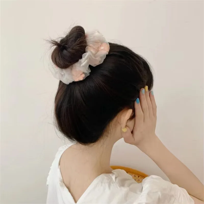 Sweet Popular Lace Hairband Embroidery Organza Daisy Hair Scrunchie Solid Color Transparent Tulle Hair Ties