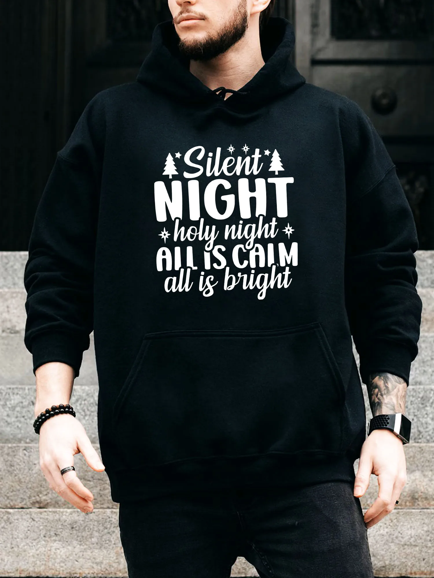 

Мужская толстовка на шнурке Silent Night Holy Night — повседневный удобный черный пуловер, осенне-зимняя толстовка с капюшоном