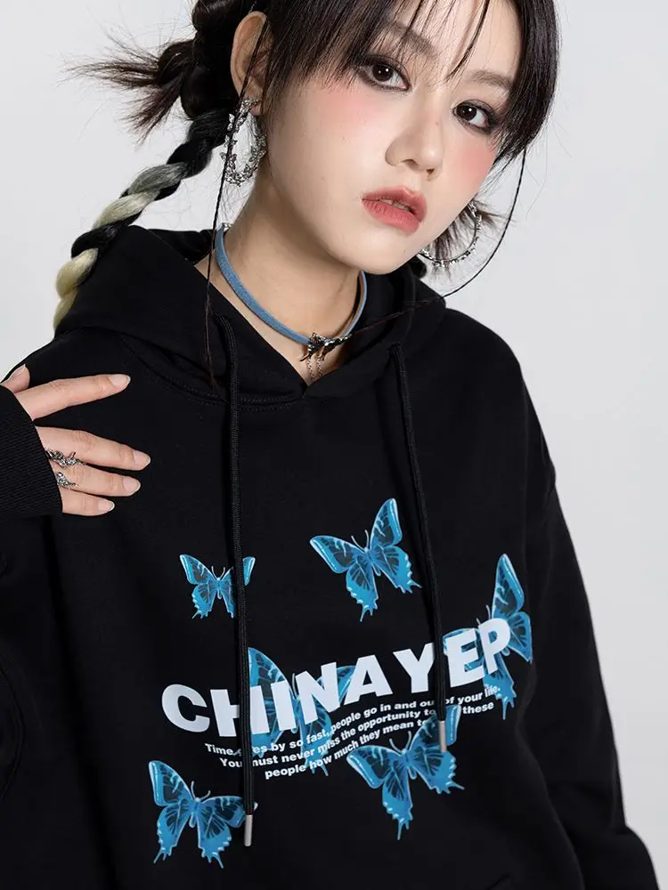 Woman Clothing Hip Hop Top Hooded Graphic Loose Women's Sweatshirt Black Baggy Hoodies Korean Streetwear Y2k 90s Vintage Trend M