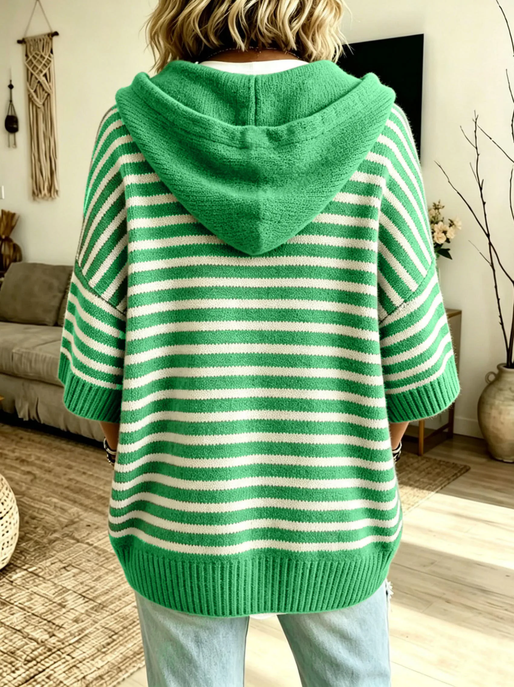 Women's plus-size knitted hooded pullover with drawstrings and stripes, simple and casual, suitable for autumn and winter