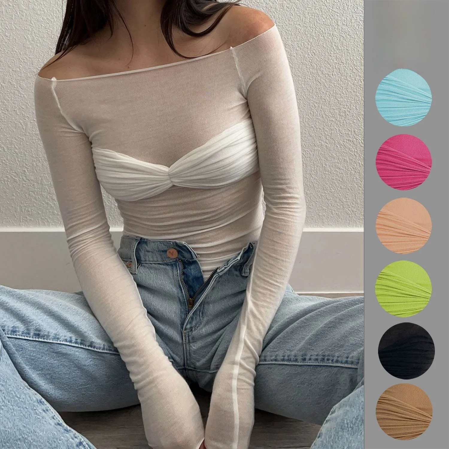 Women's Thin Perspective One-Line Neck T-Shirt Cute Style Long Sleeve Slim Fit Spring Season 3D Design Other Material T-Shirt