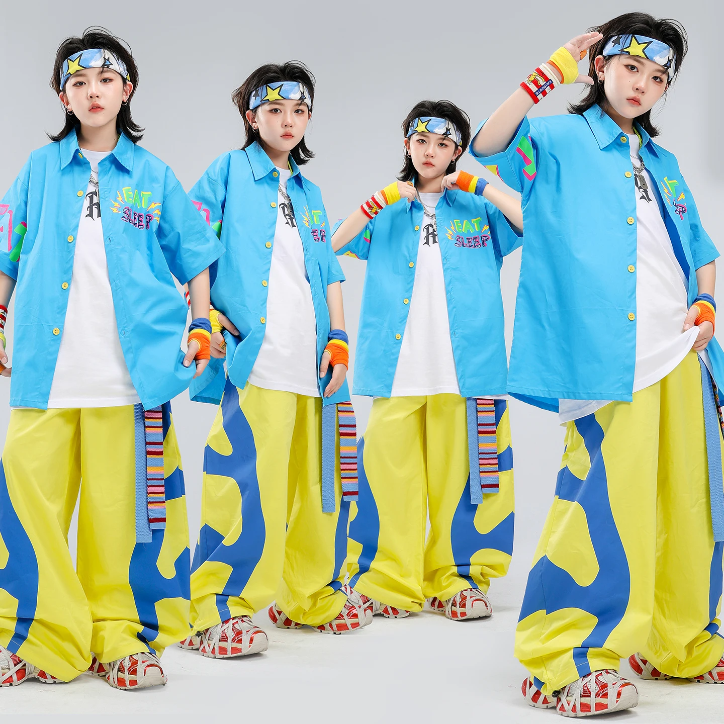 Kids Hip‑hop Dance Costumes Print BlueTshirt White Inner Tops Wide‑leg Pants Boys Girls Streetwear Stage Performance Outfits