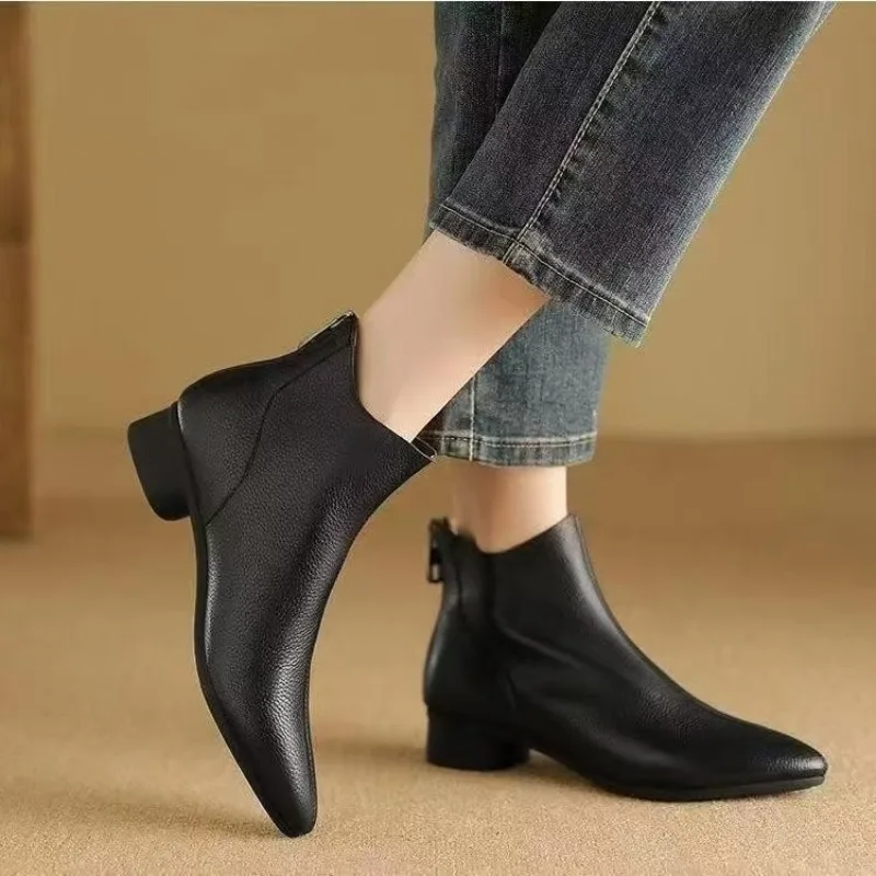 Womens Low Heel Boots with Pointed Toe Short Tube Back Zipper Waterproof Non-slip Winter Outdoor PU Black/khaki Fashion Boots