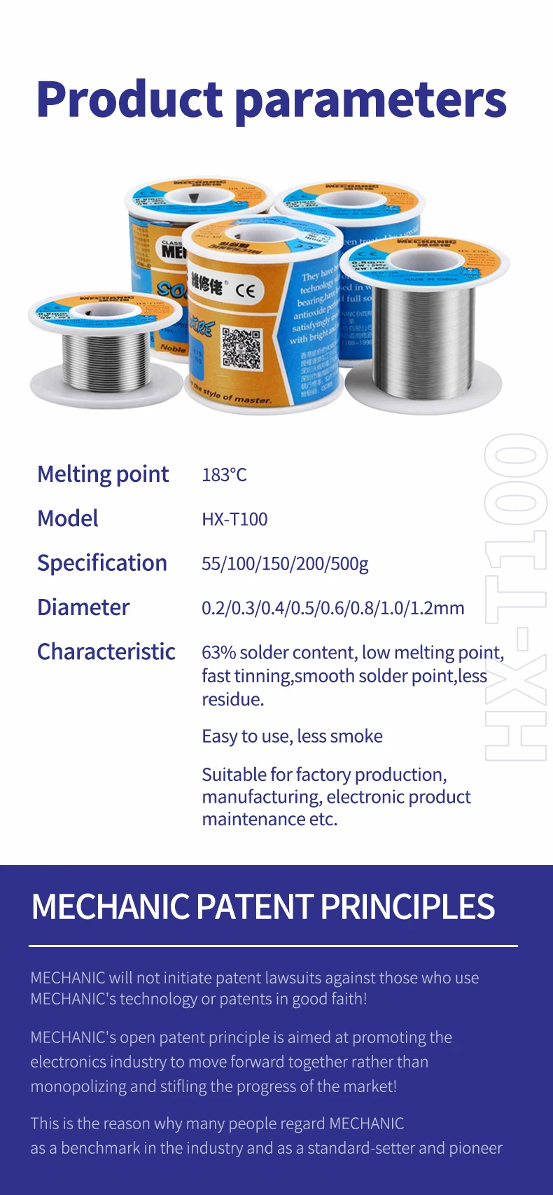 MECHANIC OFFICIAL HX-T100 55G High Purit Low Melting Point Fine Solder Wire Rosin Core 0.2mm-1.2mm For Mobile Phone Repair