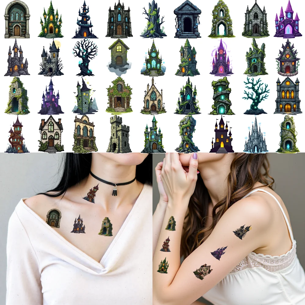 

Временная татуировка, готический замок, 54 шт., водонепроницаемые долговечные наклейки на тело, очаровательное дерево, фэнтезийная башня для щек, мальчиков и девочек