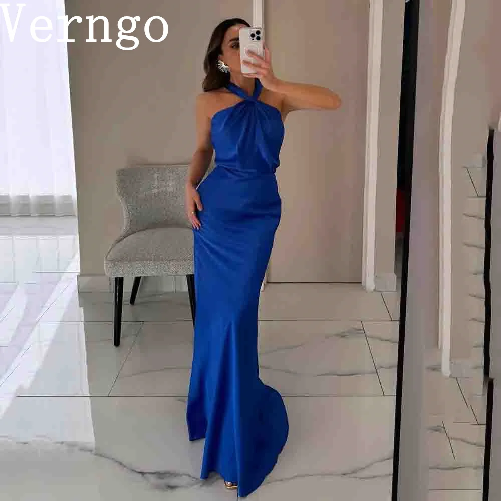 

Verngo Blue Crepe Maxi Prom Gowns Halter Mermaid Formal Party Dress For Women Criss Cross Simple Formal Occasion Dress