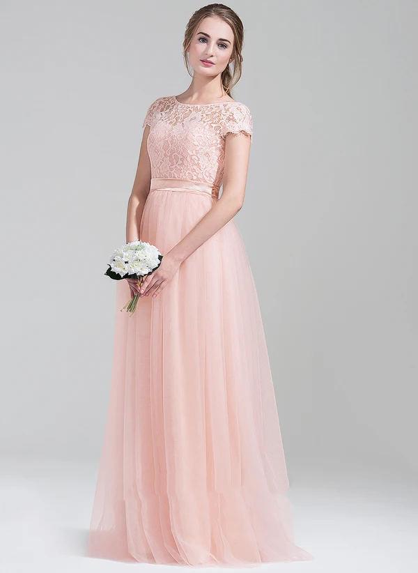 FATAPAESE Bridesmaid Dress  A-Line/Princess Scoop Neck Floor-Length Tulle Lace Wedding Guest  Dress With Bow Party Gown