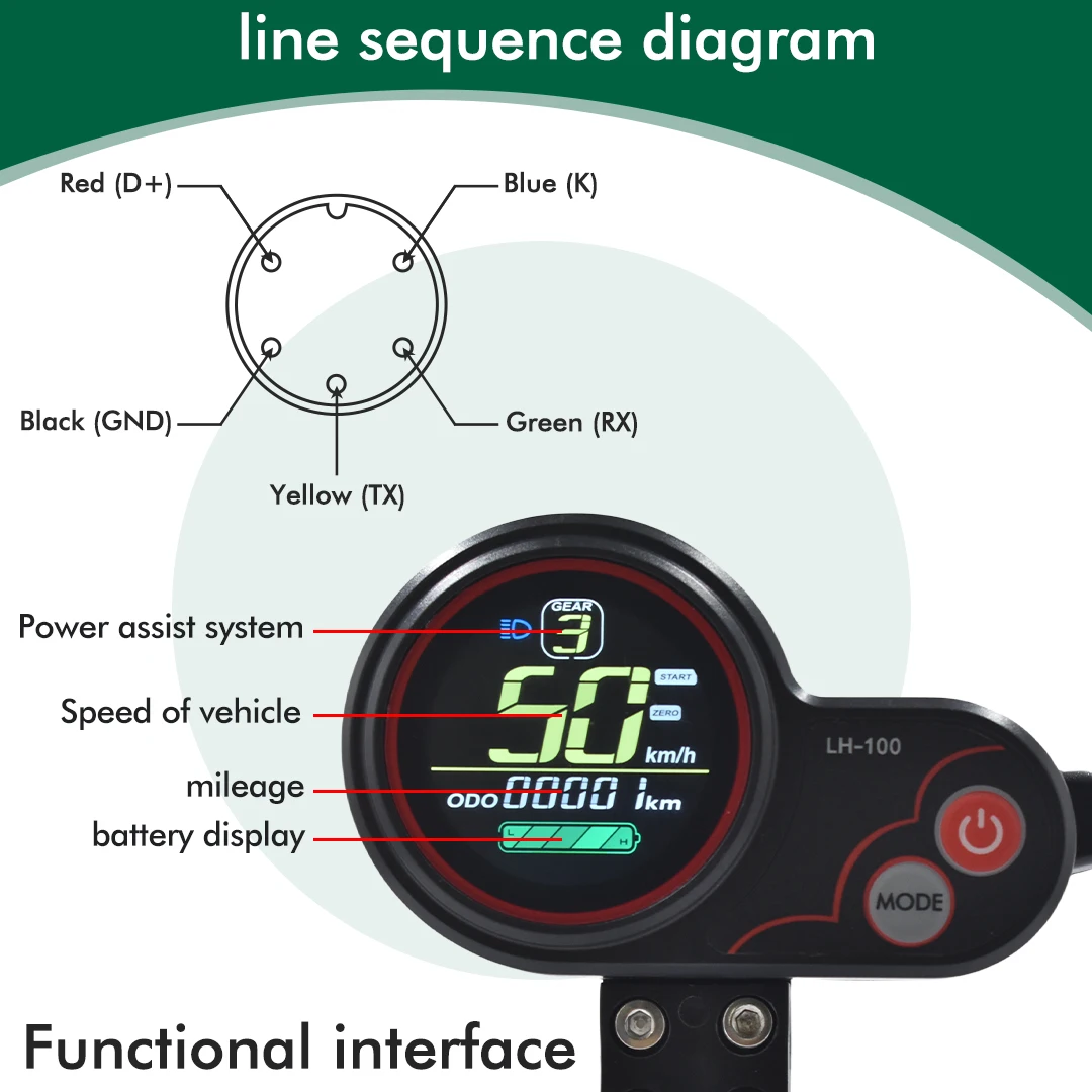 E-bike LCD LH100 Display colorato misuratore 24V-60V SM/spina di connessione impermeabile Display per bicicletta elettrica con USB UART