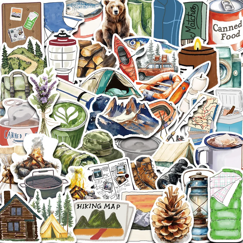 50 Uds. De pegatinas Retro de Collage para acampar, parrilla de compras de dibujos animados, telescopio, tienda, sombrero, saco de dormir, colección de arte, decoración, funda de teléfono