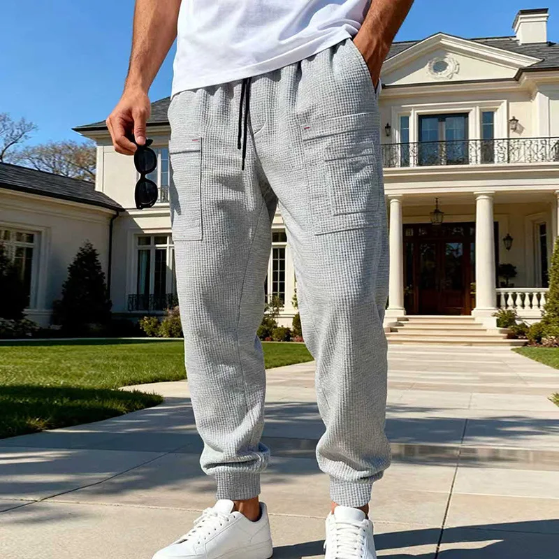 

Spring and Autumn Men's Loose Waffle Casual High Street Outdoor Sports Commuter Hip Hop Tooling Breathable Sweatpants