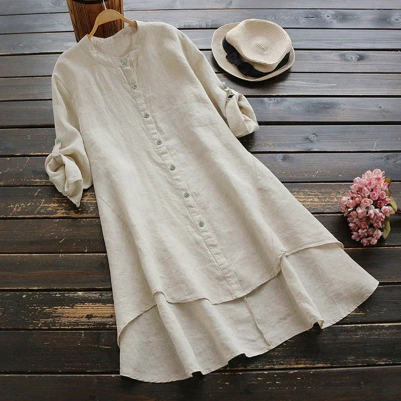 Abito corto in cotone e lino davanti lungo dietro manica lunga al ginocchio Abbigliamento donna Abito camicia casual Abito estivo sottile vintage solido
