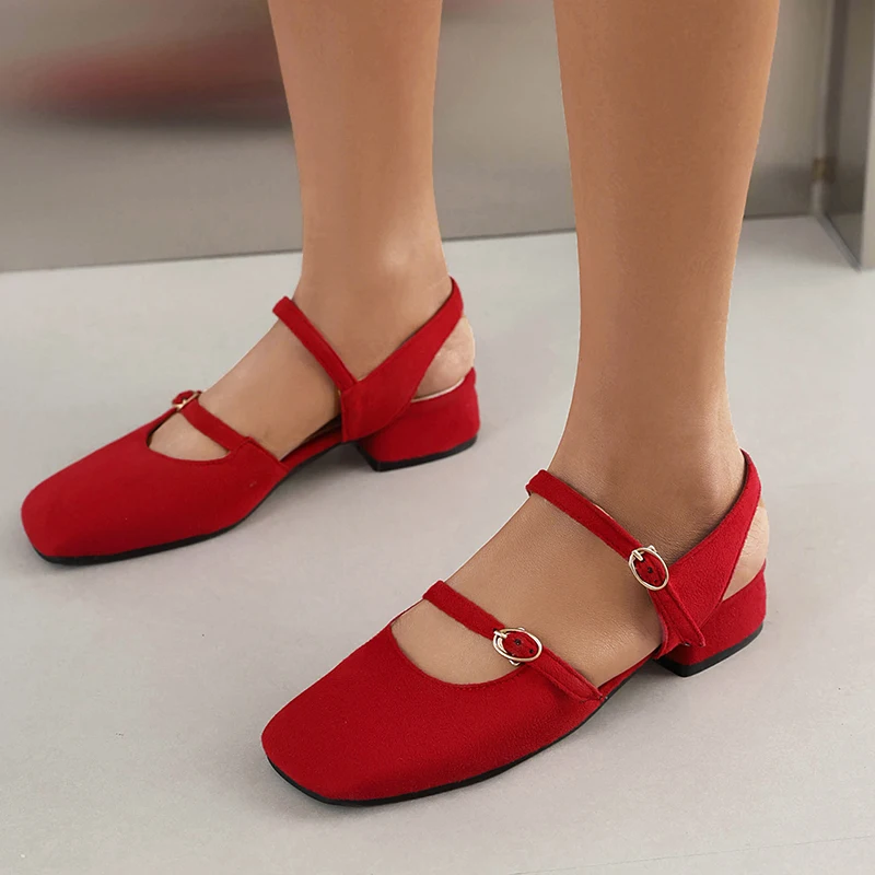 Frosted Suede Double-Breasted Buttoned Hollow Women's Pumps Square Thick Heel Back Strap Breathable Mary Jane Shoes