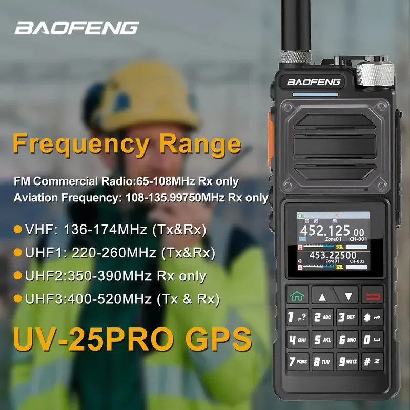 

Baofeng UV-25PRO GPS Walkie Talkie 10W 1000Ch Air Band Multi-band FM Vox Two Way Radio w/ 5200mAh USB-C Rechargeable Battery