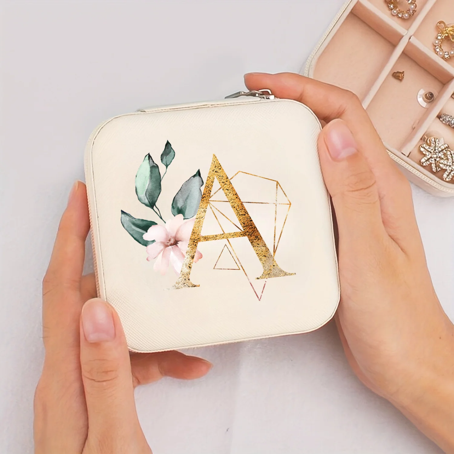A-Z Alphabet Print Beige Travel White Storage Box, Jewelry Box with Zipper Closure and Fabric Lining