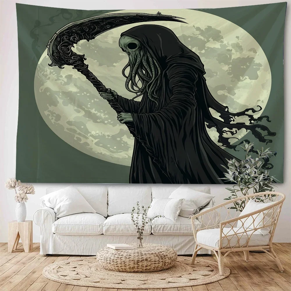 1pc Skeleton Warrior Dark Ghost Background Decorative Tapestry Sickle Ghost Skeleton Sickle Background Decorative Tapestry