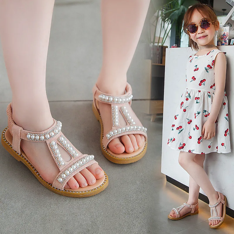 New Children Beach Outdoor Toddler Sandals Fashion Kids Summer Shoe Baby Open Toe Girls Pearl Sandals Flat Non-slip Princes Shoe