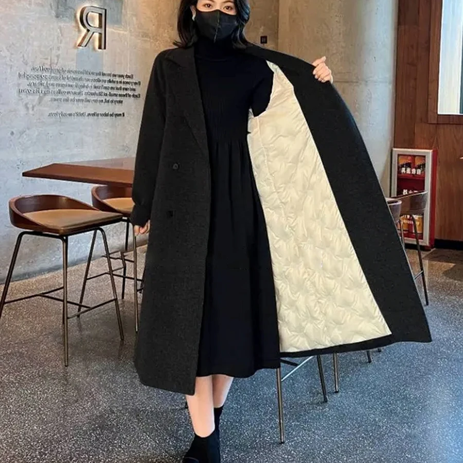 2023 Women Winter Warm Woolen Coat Long Sleeve White Duck Down Inner Long Jacket Coat Casaco Feminino Women Outwear Coat