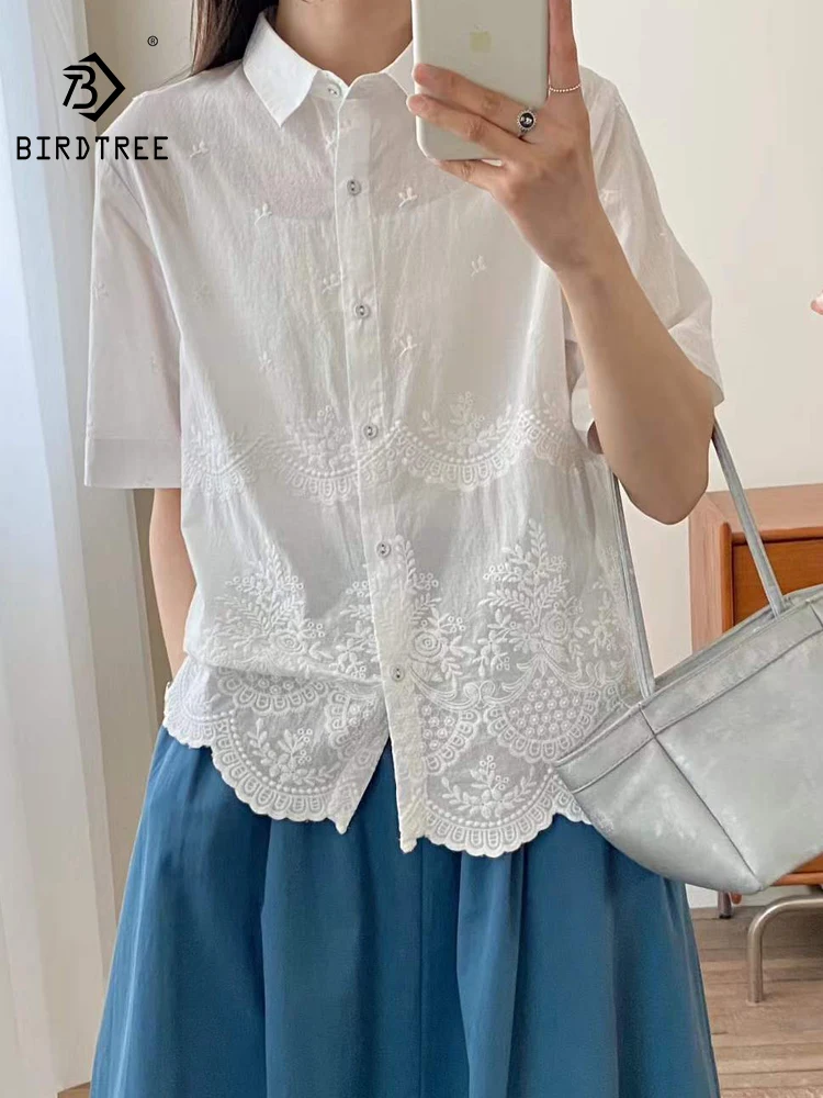 

New 2026 Summer Women Cotton Short Sleeve Shirt, Turn-down Collar Embroidery, Mori Girl OL French Sweet Loose Blouse T65658CC