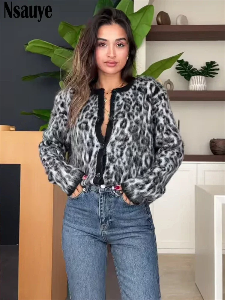Nsauye Casual Y2K Women\'s Cardigans Sweater Sexy Club Fashion Knitted Long Sleeve Leopard Sweater Tops Knitwear 2024 Winter