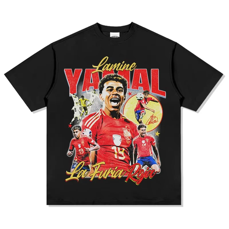 Spain Soccer Tee Splash Single Athlete Portrait Trophy Signature Bold Red Font Print Front Decor 2026 Adult Kid Fan Shirt