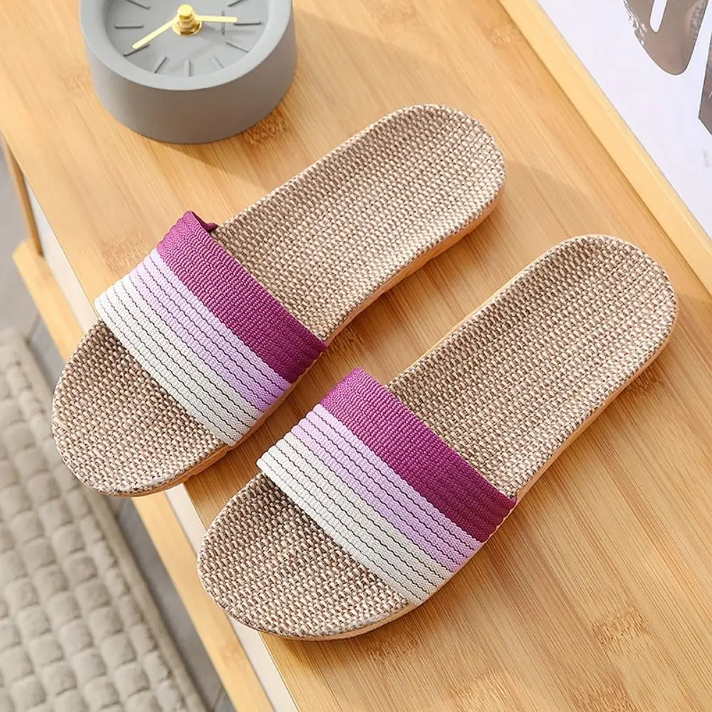 

Cute Non-Slip Linen Indoor Slippers Stripe Soft Men Slippers Flax Sweat Absorption Women Slippers Bedroom