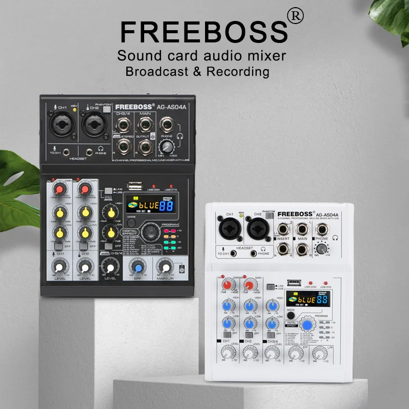4 ช่องเครื่องผสมเสียง 88 DSP Effect USB PC Record Play แบบพกพา Dj คอนโซลผสมบลูทูธสําหรับ House Party คาราโอเกะ AG-AS04A